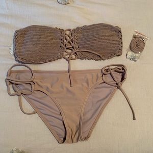 Xhilaration Taupe Crochet Lace-Up Bandeau Bikini